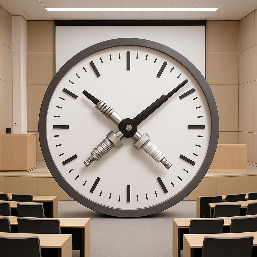 A large clock with a large minute hand and two smaller hands appears in a lecture hall. It is unclear what subject is bein...