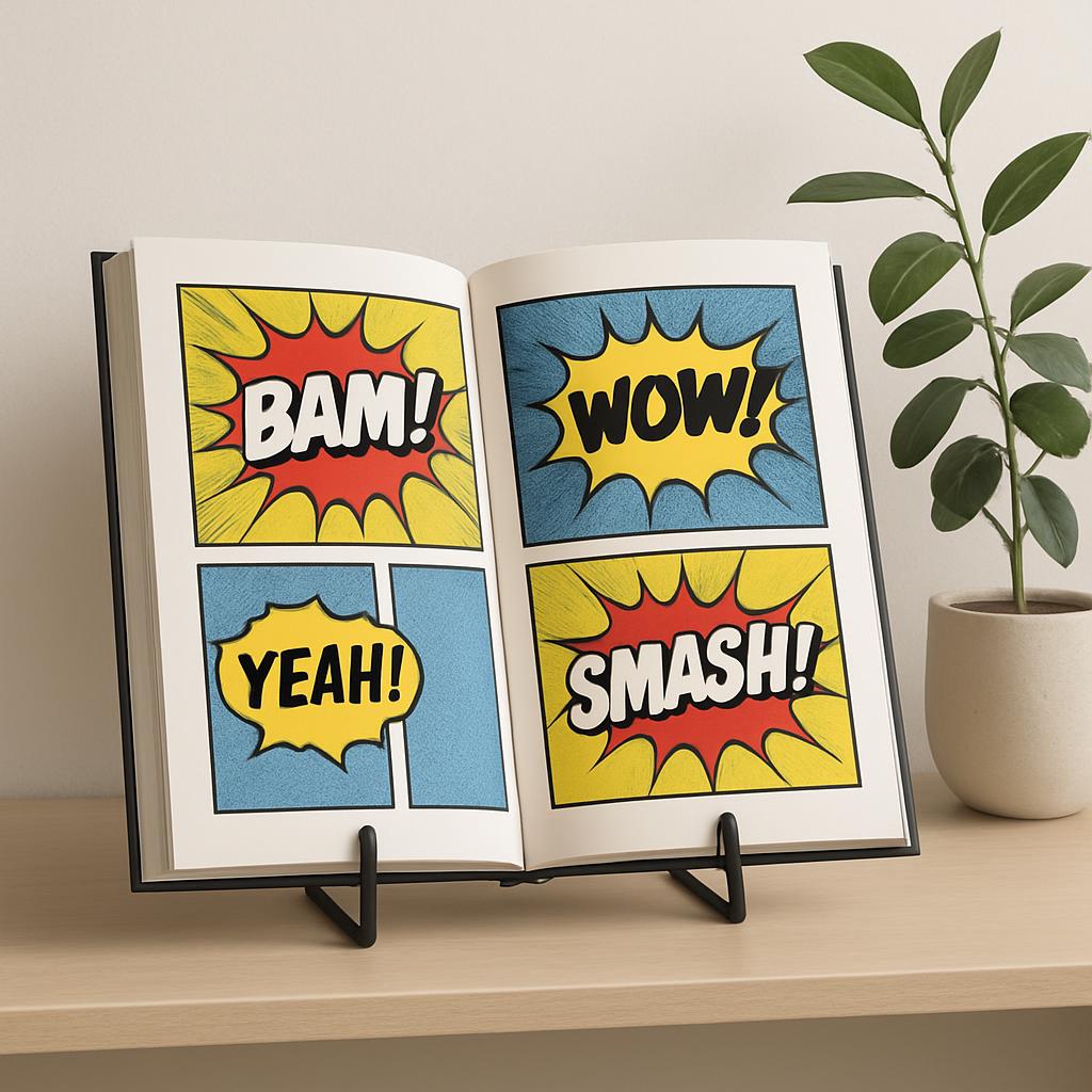 Comic book book pages displayed on a black metal book stand, and a small plant in a white pot on a shelf next to an open b...