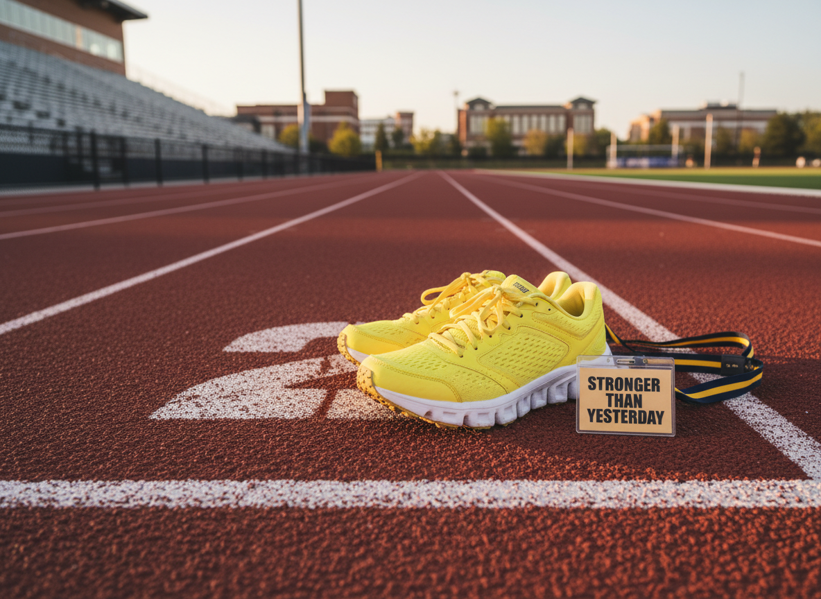 A pair of bright yellow running shoes with clean white soles, lightly dusted with trail dirt, positioned at the starting line of a university track, the painted lane numbers sharply visible on the textured red surface. Next to the shoes rests a small, laminated card reading “Stronger Than Yesterday,” clipped to a lanyard in school colors. The sky glows with golden hour light, casting long, soft shadows and creating a warm, motivational atmosphere. Photographic realism from a low-angle perspective, emphasizing the shoes and starting line in sharp focus, while the stadium seating and distant campus buildings blur into the background. The image feels energetic, determined, and hopeful, symbolizing recovery, perseverance, and new beginnings.