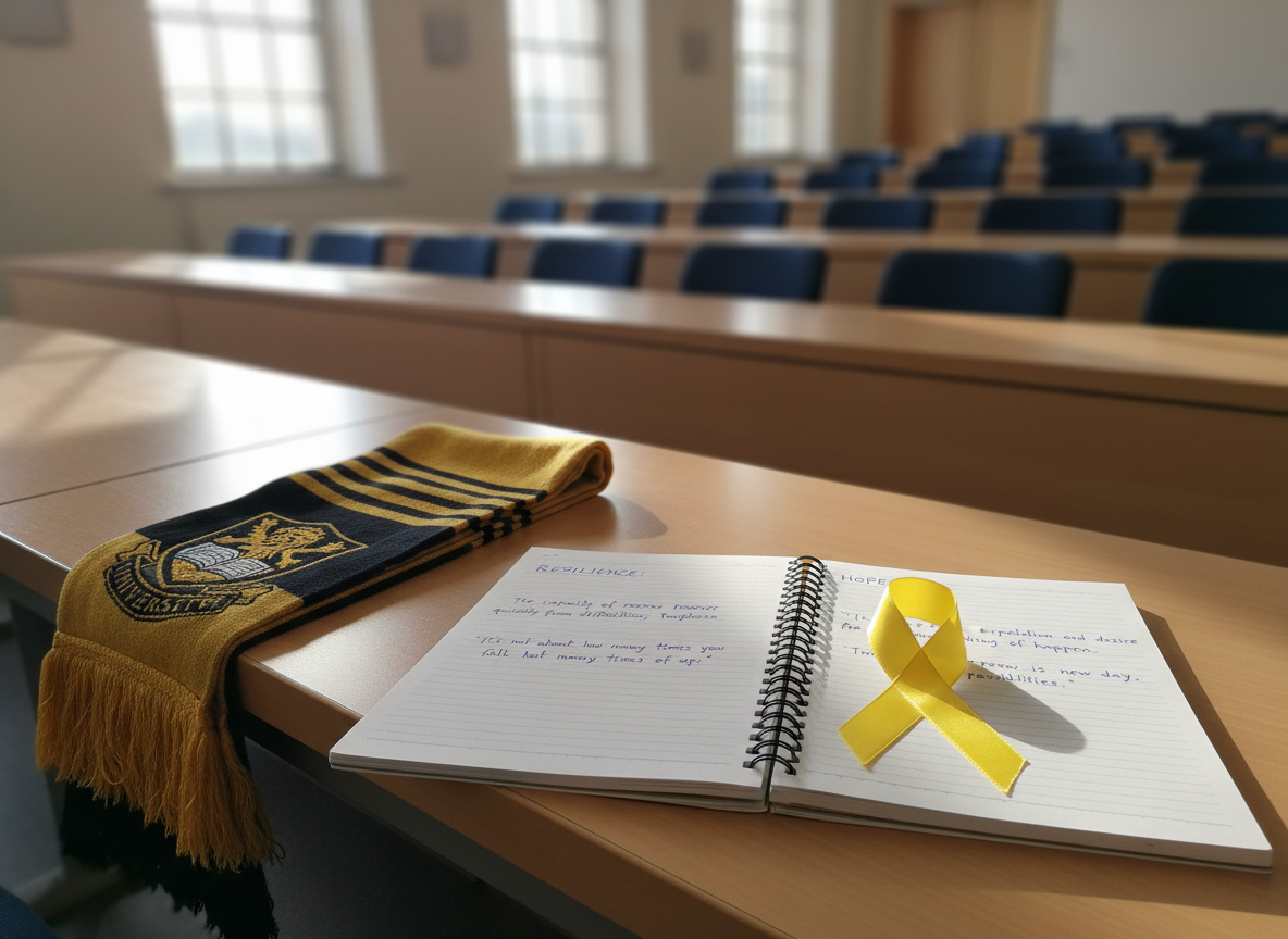 A worn but carefully folded gold and black university scarf resting on a smooth wooden lecture hall desk, beside an open notebook filled with neatly written notes about resilience and hope. A yellow awareness ribbon made of satin lies gently across the page, its texture catching the light. Soft afternoon sunlight filters through tall windows, casting long, warm shadows across the desk and creating a gentle glow on the scarf’s embroidered crest. Photographic realism, shot at eye level with a shallow depth of field, leaving rows of empty, slightly blurred seats in the background. The mood is hopeful and studious, evoking determination and quiet strength in a clean, modern academic setting.