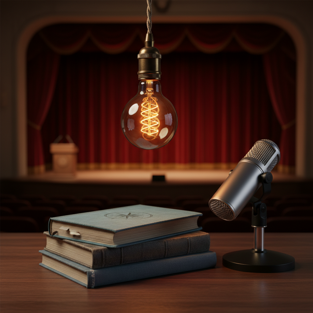 A single glowing vintage-style Edison bulb suspended above a small stack of well-worn hardcover journals, each with different textured covers in muted blues and grays, arranged on a dark walnut table. A sleek silver microphone on a stand sits nearby, its metallic surface reflecting the warm amber light. The background fades into a soft, unfocused auditorium stage with heavy curtains just barely visible. Dramatic, focused lighting highlights the journals and microphone, casting subtle shadows and creating a sense of intimacy and anticipation. Photographic realism with a centered composition and shallow depth of field, conveying a professional, inspiring atmosphere that suggests powerful stories about overcoming adversity are about to be shared.