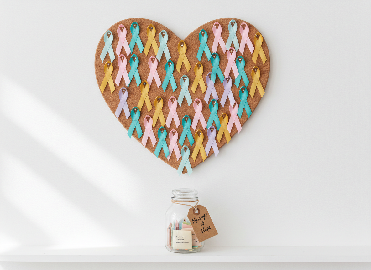 A neat cluster of colorful cancer awareness ribbons—gold, pink, teal, and lavender—carefully pinned to a textured corkboard shaped like a heart, mounted on a clean white wall. Below, a glass jar is half-filled with handwritten notes folded into small paper squares, labeled “Messages of Hope” in a simple, modern script on a kraft paper tag. Soft, diffused daylight enters from an unseen window, creating even illumination with gentle, uplifting shadows. Shot straight-on with photographic realism and balanced composition, the focus is crisp on the ribbons and jar, while the surrounding space remains uncluttered. The mood is warm, compassionate, and optimistic, symbolizing community support, advocacy, and shared resilience.